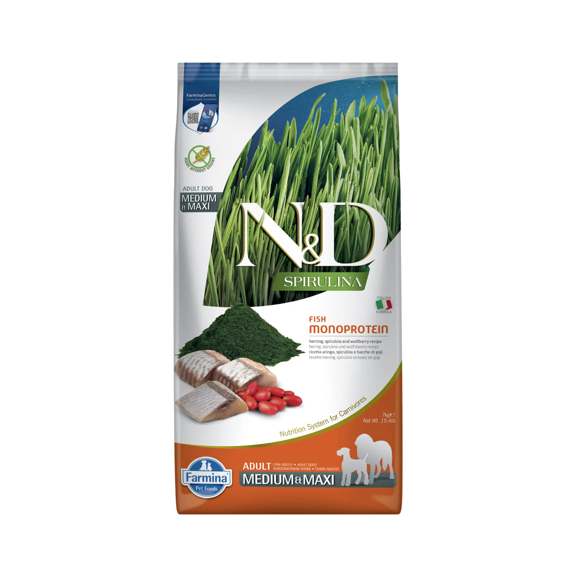 Farmina N&D Spirulina Adult Medium & Maxi Cibo per Cani - Aringa e bacche di goji